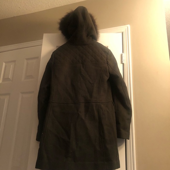 Ellen Tracy Olive Toggle Coat with Fox Fur Trim - Picture 3 of 5